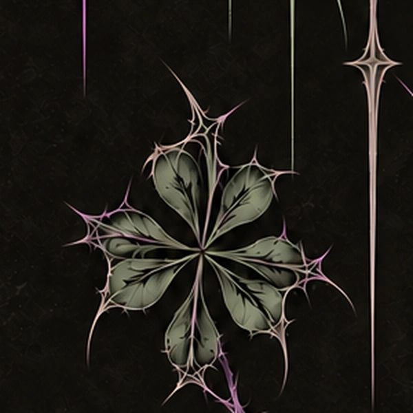 Detail of the Lucky Rome poster: a sage four-leaf clover wrapped in lilac thorns, on black