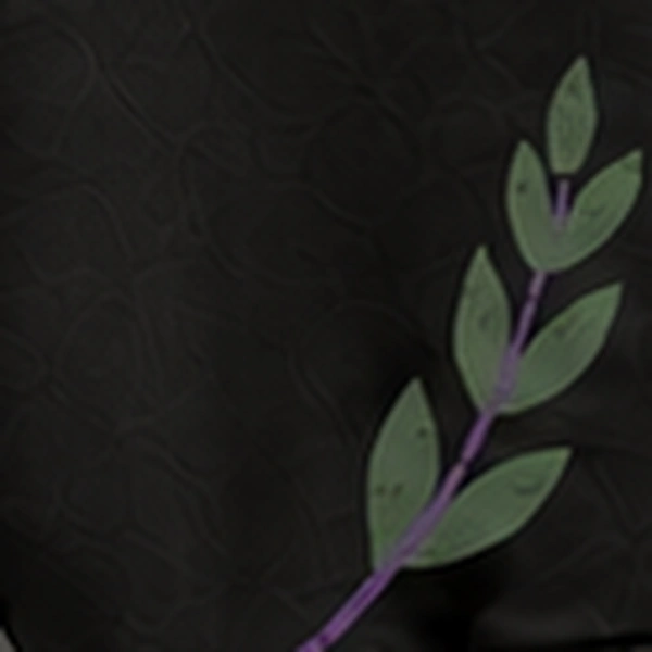 Detail of the Lucky Rome hoodie in shadow: a sage laurel sprig with a lilac stem on the sleeve