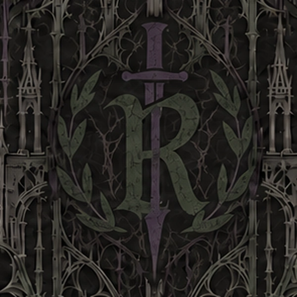 Detail of the Lucky Rome tee in shadow: the sword-and-laurel R crest on the back, between two spires