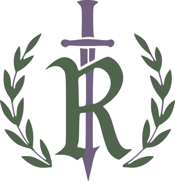 Lucky Rome crest: a sage blackletter R with a lilac sword through it, in a sage laurel wreath
