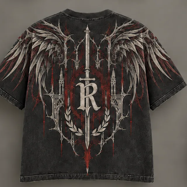 Aquila Tee, back view — winged crest in silver and red on washed black