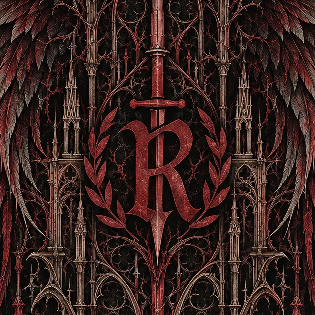 Crest Poster, detail — the sword through the R and its laurel wreath, framed by spires and feathers