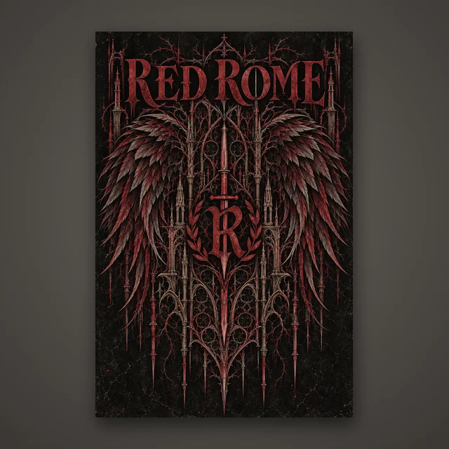 Crest Poster — RED ROME in red over spread wings, gothic spires and the sword-and-laurel R crest, on black