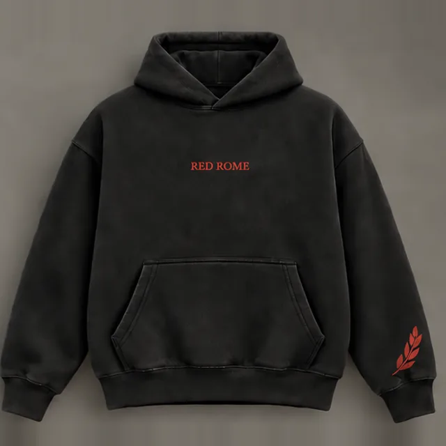 Gladius Hoodie, front view — RED ROME in red at the chest and a red laurel sprig on the left cuff, on washed black