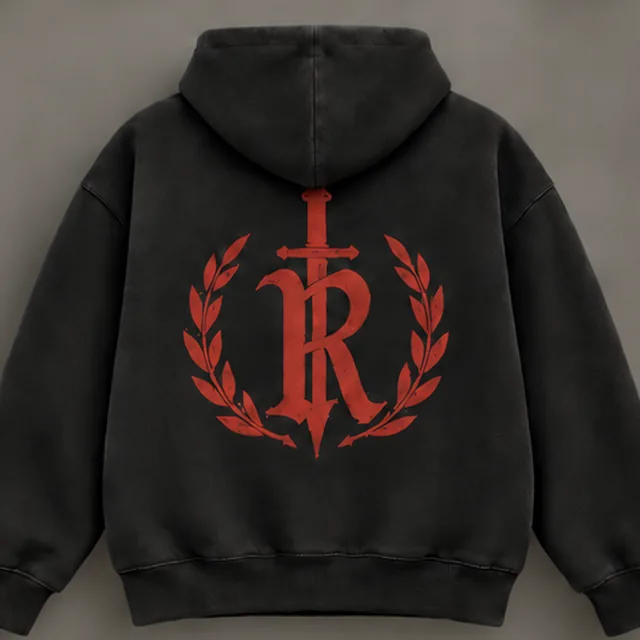 Gladius Hoodie, back view — red crest in a laurel wreath on washed black