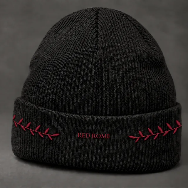 Laurel Beanie — black cuffed knit with a red laurel embroidered across the cuff